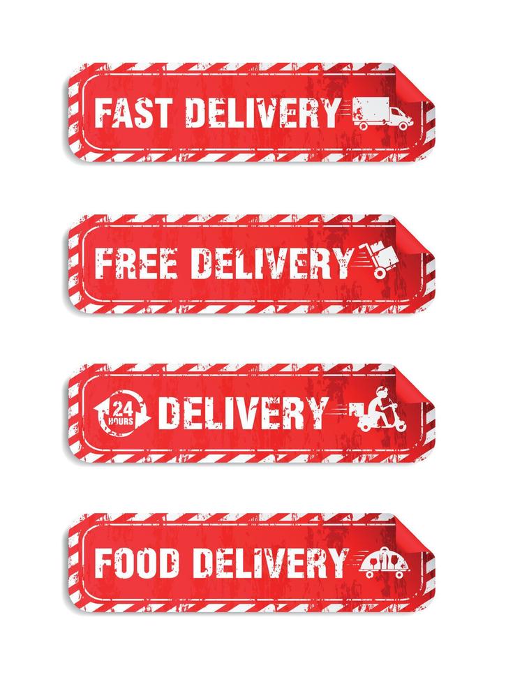 levering teken rood stickers reeks in grunge ontwerp stijl vector. snel levering, vrij levering, 24 uren levering, voedsel levering.eps vector