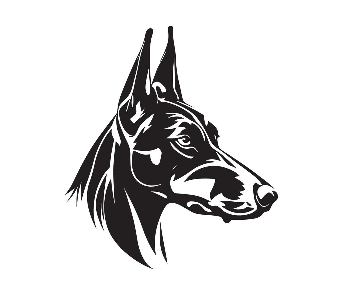 doberman gezicht, silhouet hond gezicht, zwart en wit doberman vector