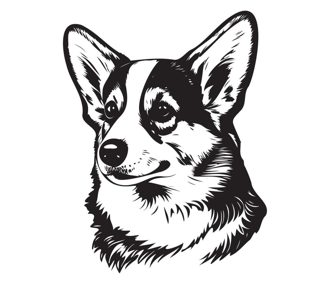 pembroke welsh corgi gezicht, silhouet hond gezicht, zwart en wit pembroke welsh corgi vector