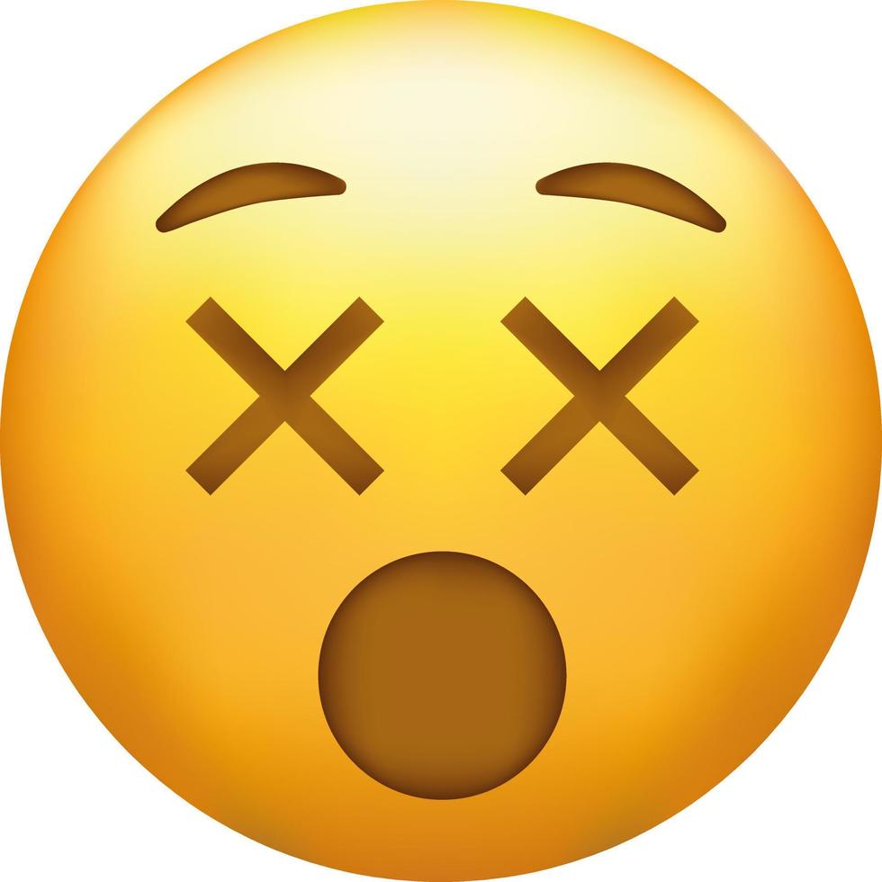 uitgeput emoji. moe emoticon, geel gezicht met x-vormig gekreukt ogen vector