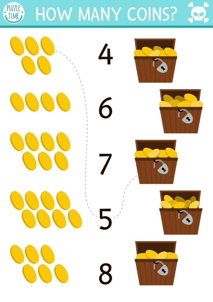 bij elkaar passen de getallen piraat spel met schat borst en gouden munten. schat eiland jacht wiskunde werkzaamheid voor peuter- kinderen. zee avonturen leerzaam tellen werkblad vector