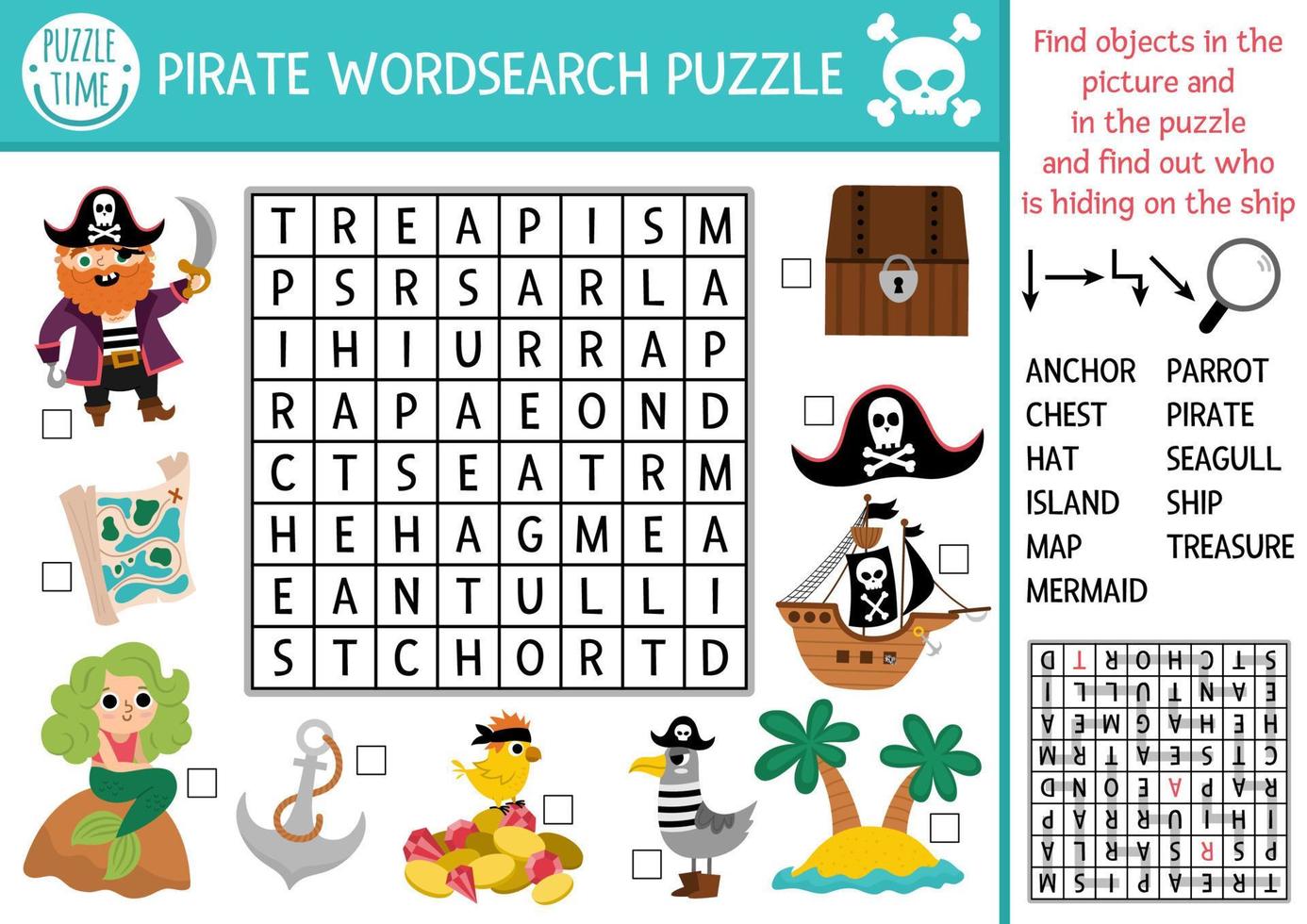 vector piraat woord zoeken puzzel voor kinderen. gemakkelijk schat eiland woord zoeken quiz voor kinderen. zee avonturen leerzaam werkzaamheid met schip, papegaai, kaart, borst. schat jacht kruis woord