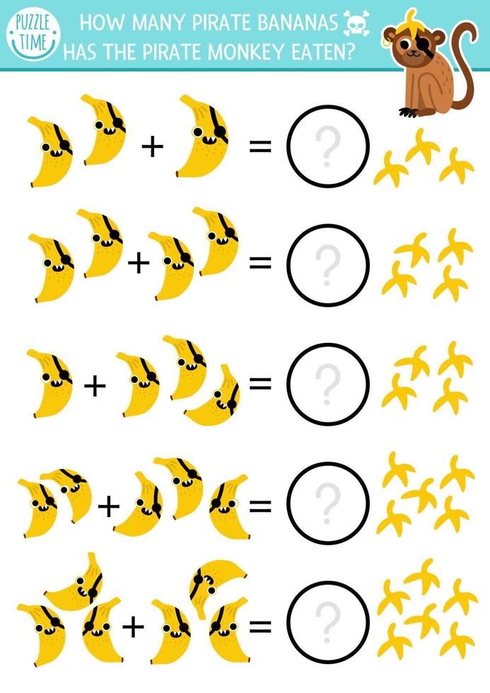 hoe veel piraat bananen spel. tropisch fruit wiskunde toevoeging werkzaamheid voor peuter- kinderen. gemakkelijk schat eiland jacht afdrukbare tellen werkblad voor kinderen. grappig zee avonturen bladzijde vector