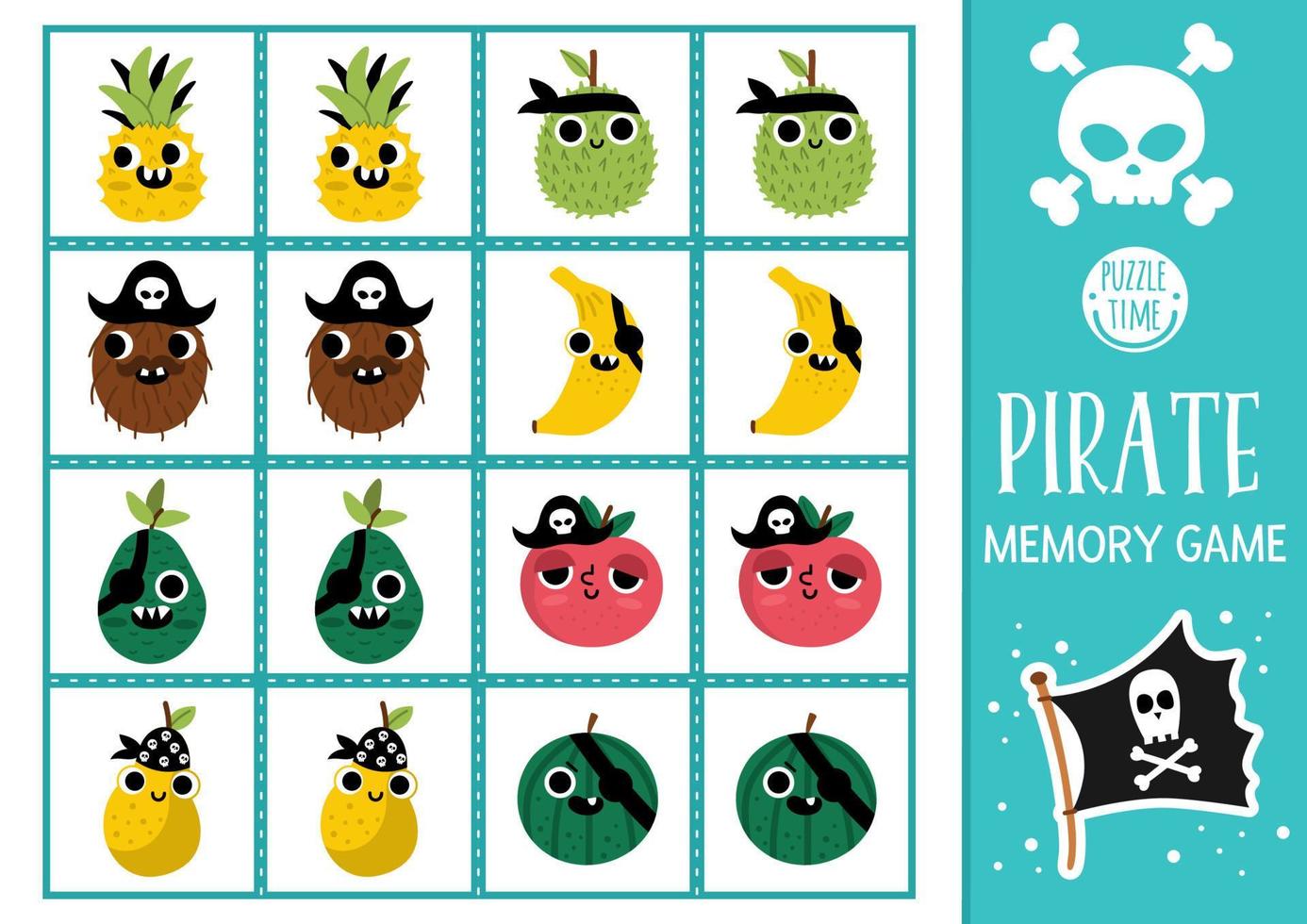 vector piraat geheugen spel kaarten met schattig kawaii fruit. zee avontuur bij elkaar passen werkzaamheid. schat eiland onthouden en vind correct kaart. gemakkelijk afdrukbare werkblad voor kinderen