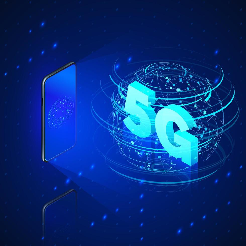 5g snel mobiel netwerken. mobiel telefoon en hologram van web verbinding of globaal draadloze netwerken met isometrische tekst 5g binnen. technologie achtergrond. vector illustratie