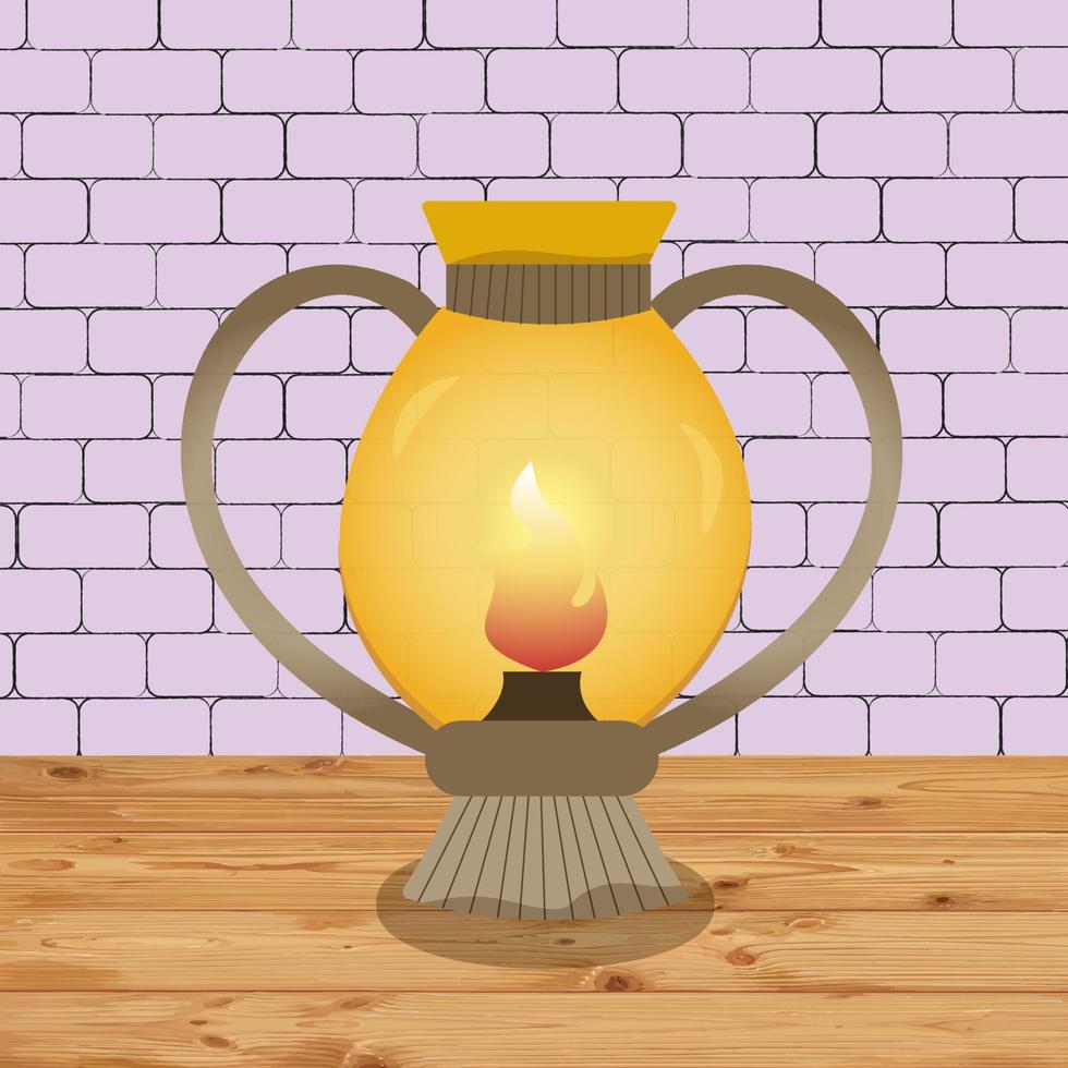 grijs kerosine lamp Aan de achtergrond van een steen muur, camping lamp vector