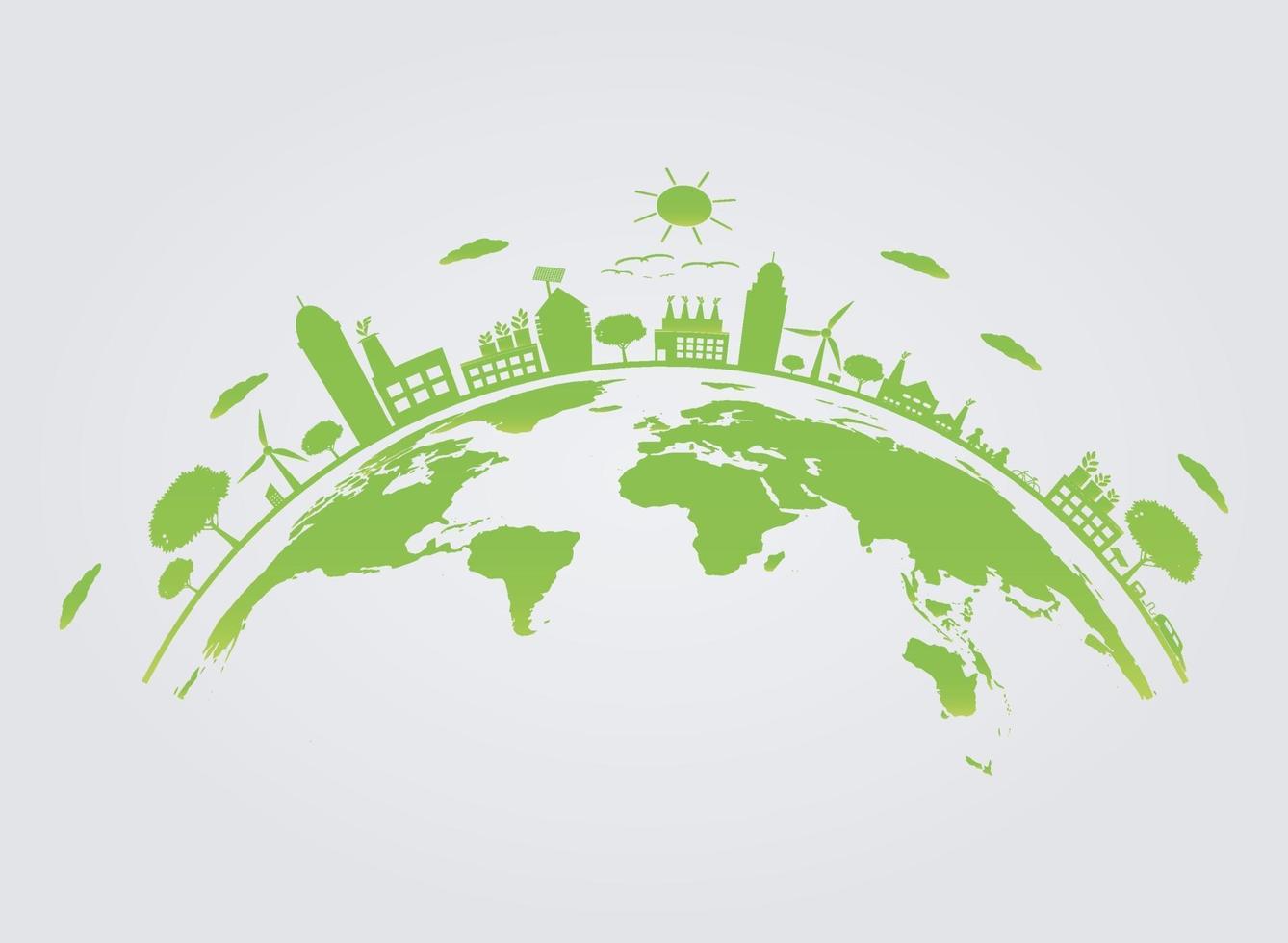 ecologie. groene steden helpen de wereld met milieuvriendelijke conceptideeën. vector illustratie