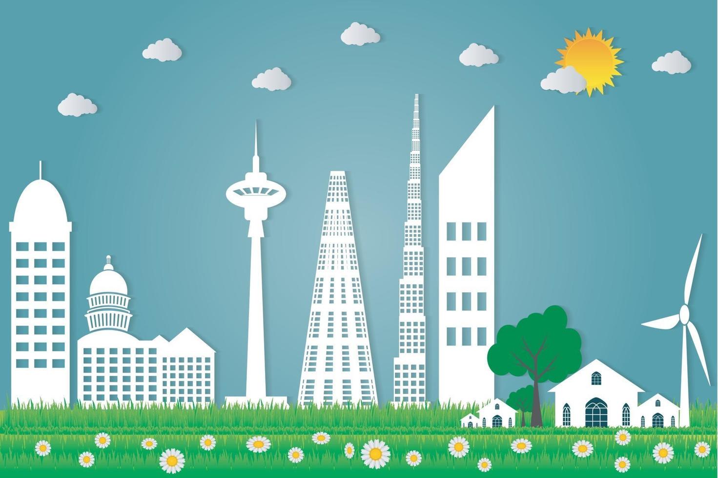 gebouwen stadsgezicht ecologie, windturbines met bomen en zon schone energie milieuvriendelijke concept ideas.vector illustratie vector