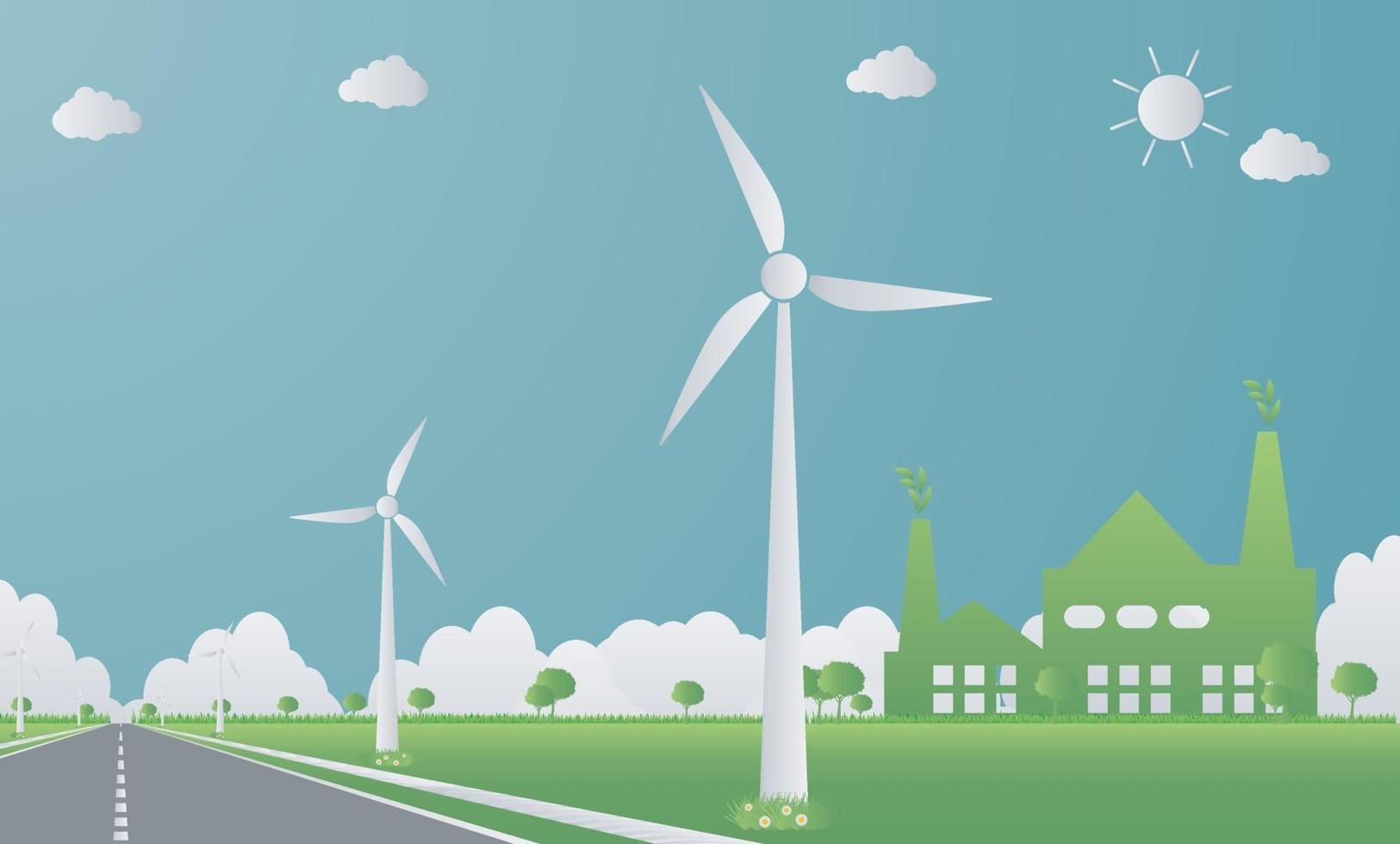 fabriek ecologie, industrie icoon, windturbines met bomen en zon schone energie met weg milieuvriendelijke concept ideas.vector illustratie vector