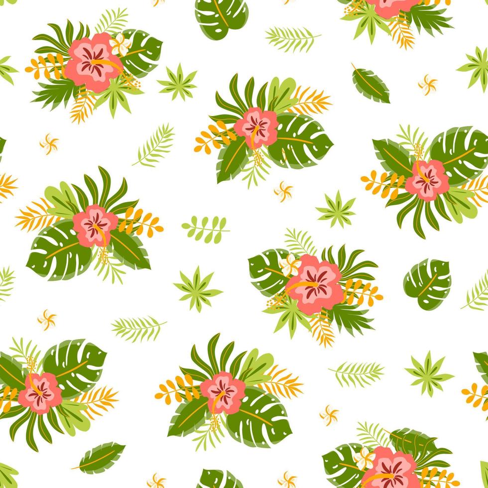 naadloos exotisch patroon met tropisch bladeren en bloemen Aan een wit achtergrond. hibiscus, oerwoud palm bladeren. zomer keerkring helder afdrukbare digitaal papier, herhaald behang. vector illustratie.