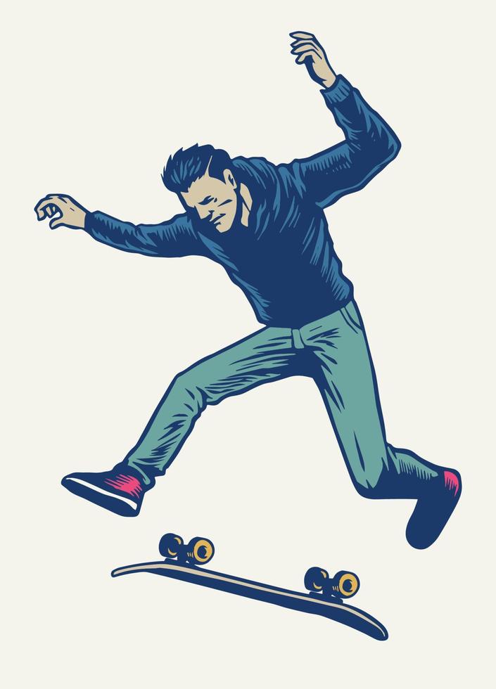 Mens aan het doen skateboard truc getrokken in wijnoogst hand- tekening stijl vector