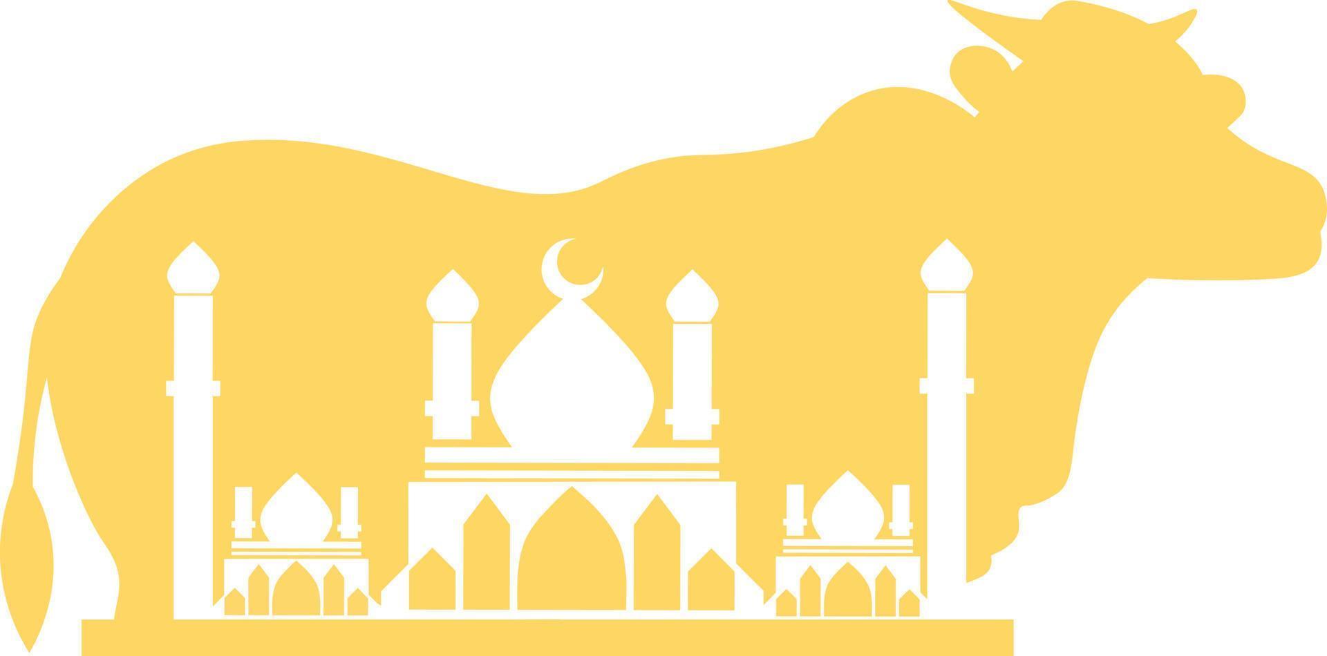 idul adha decoratie ontwerp, moskee met koe in achtergrond vector