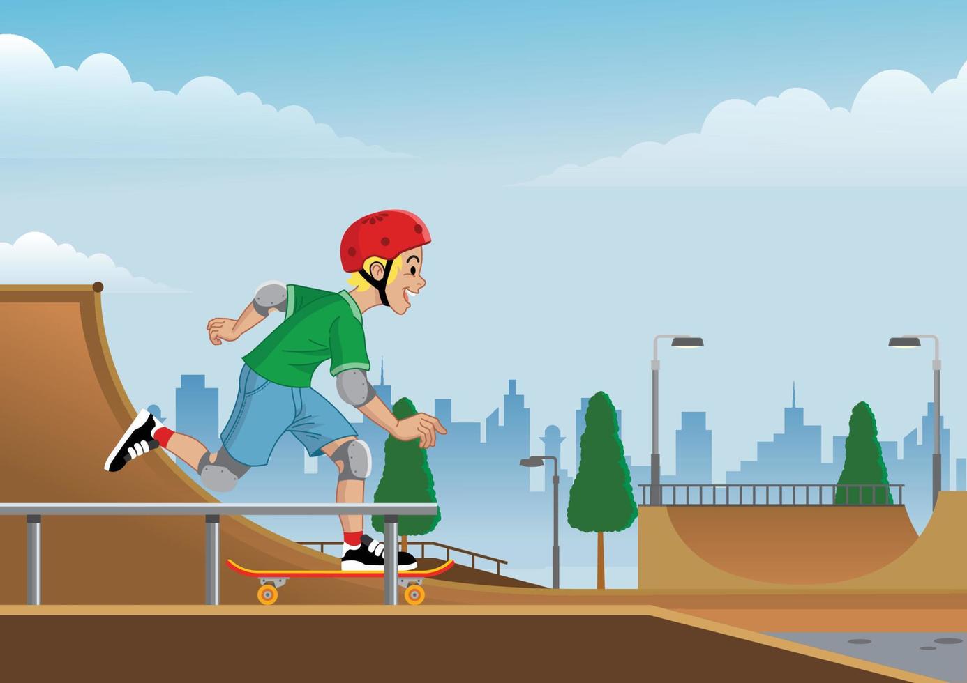 jongen spelen skateboard Aan de skatepark vector