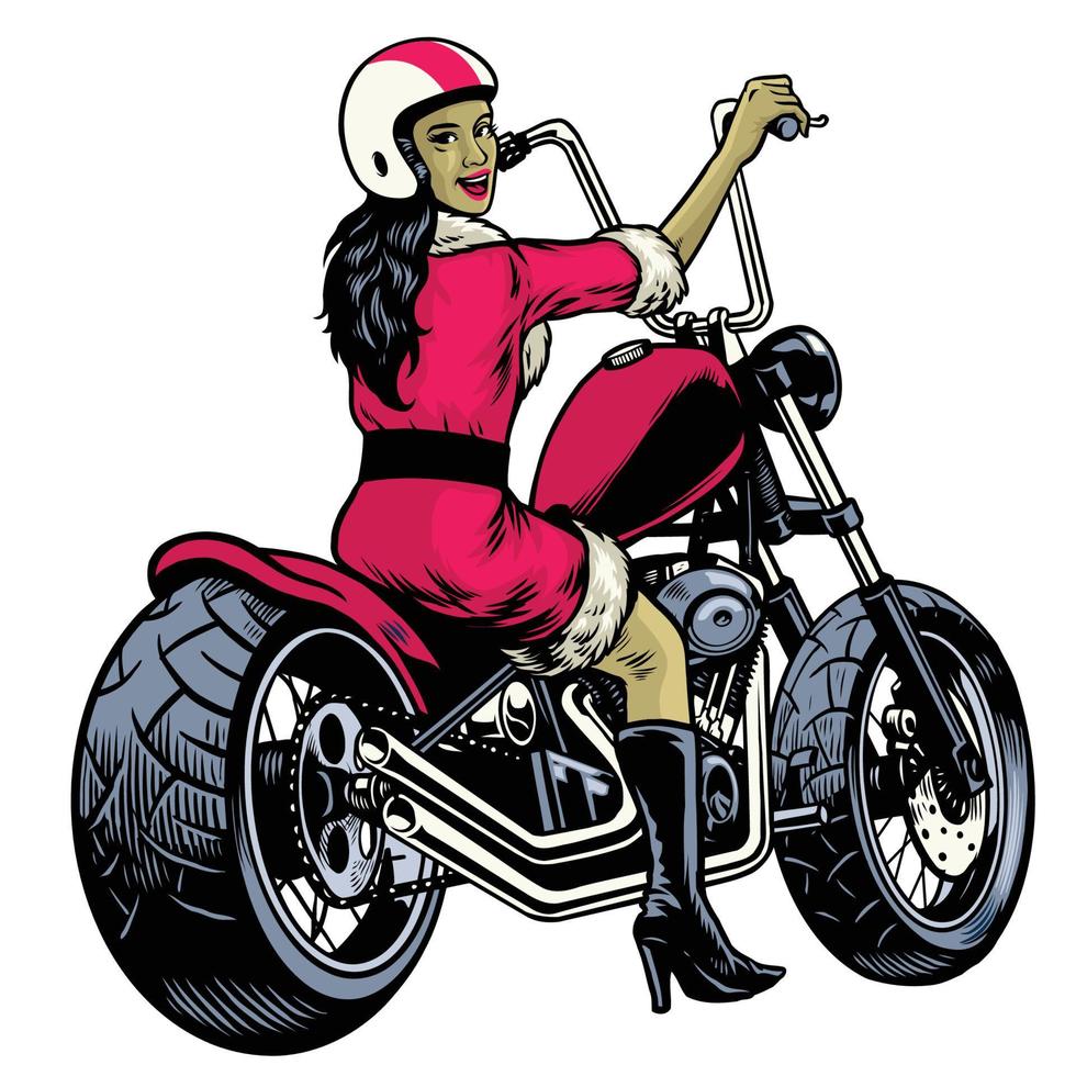hand- tekening Dames gekleed in de kerstman claus kostuum en rijden bijl motorfiets vector
