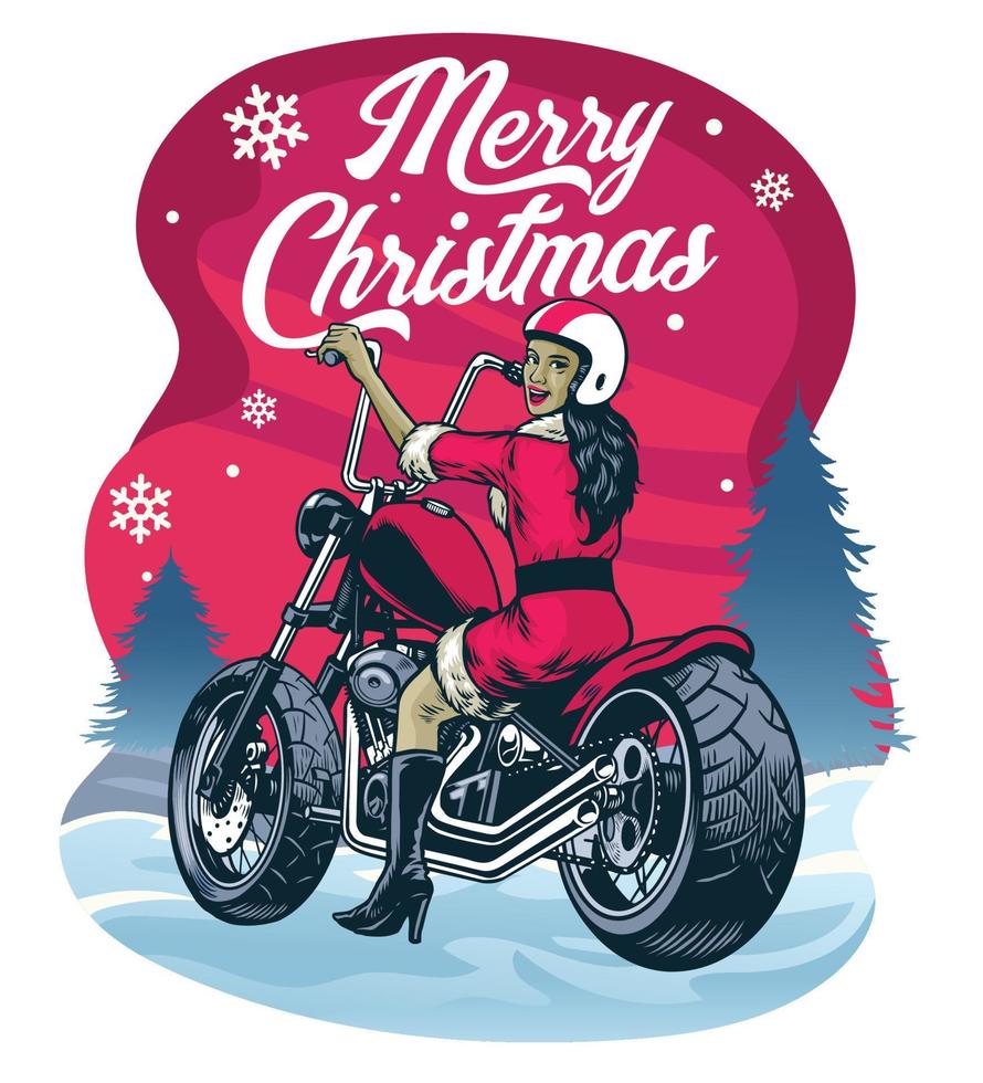 chrismas groet Dames in de kerstman claus kostuum rijden bijl motorfiets vector