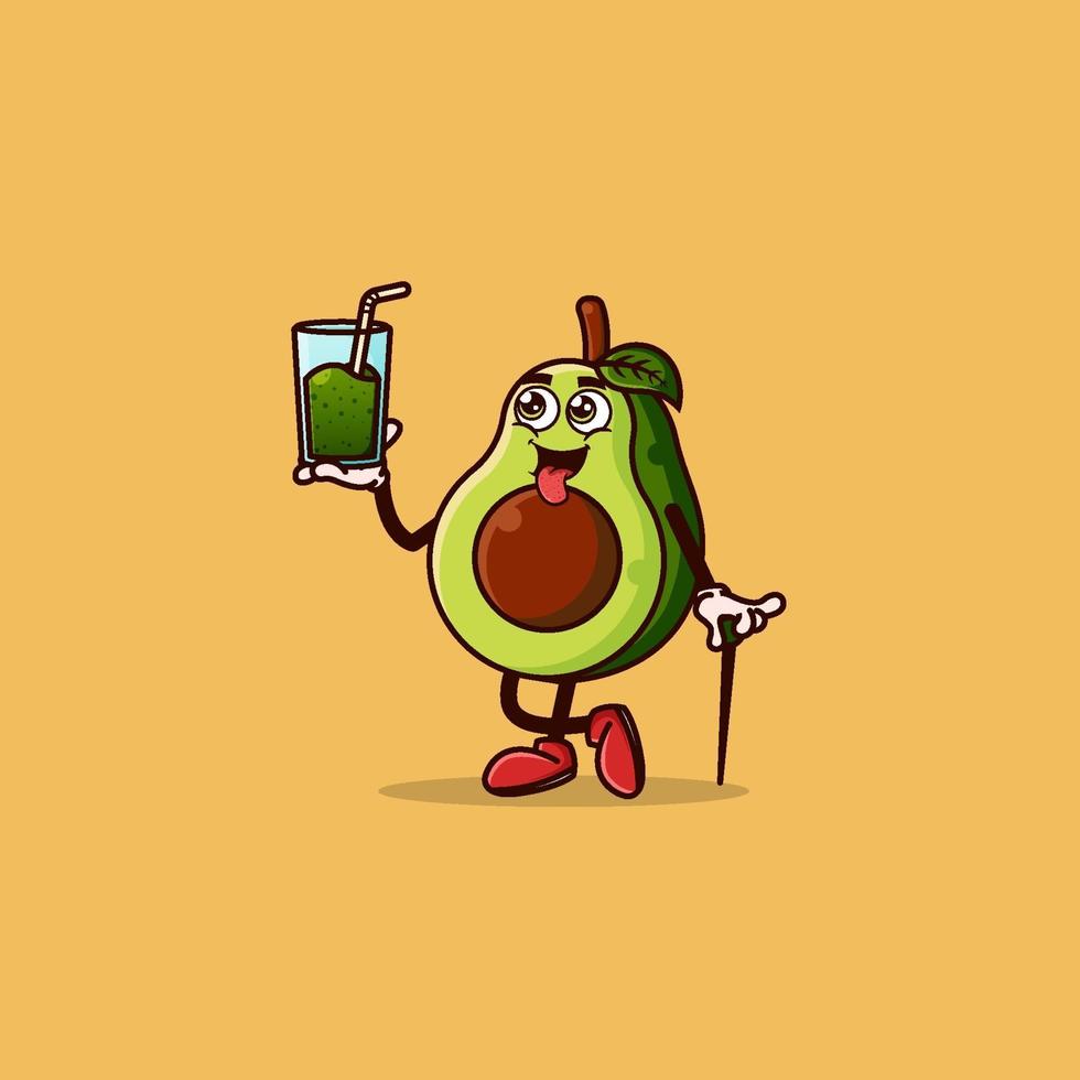 schattig avocadokarakter met avocadosap in de hand vector