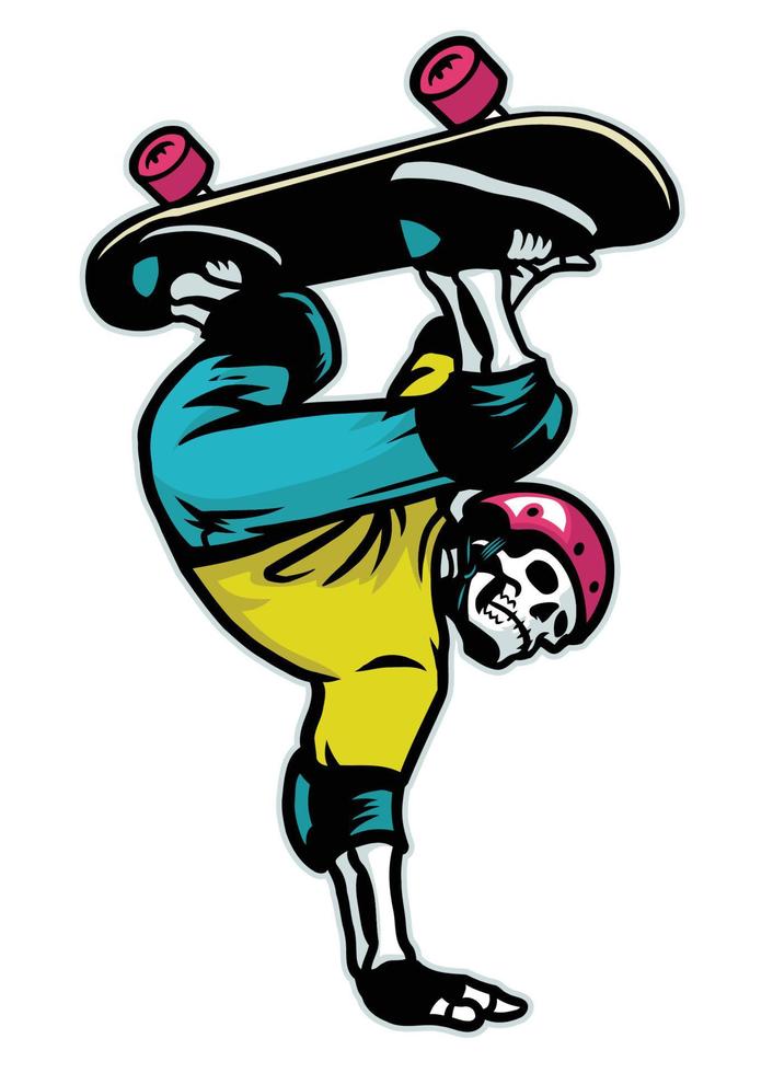 schedel schaatser aan het doen hand- staan skateboarden truc vector