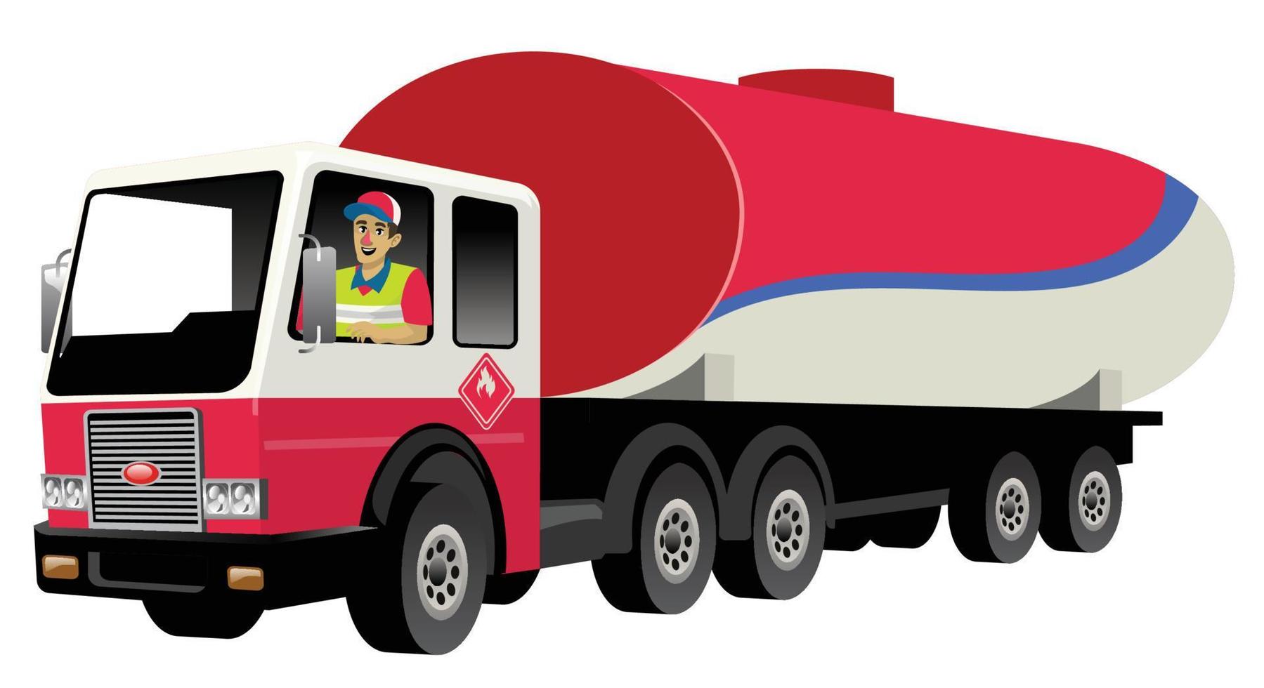glimlachen vrachtauto bestuurder het rijden gas- tank vrachtauto vector