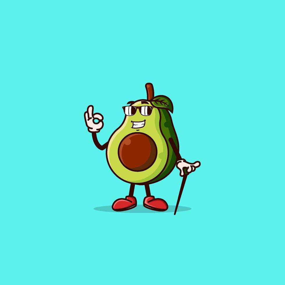 schattig avocadokarakter met cool gebaar en zonnebril vector