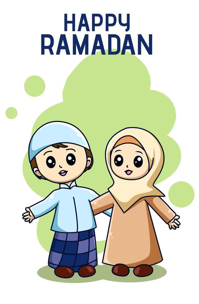 moslimbroer of -zus vieren bij ramadan kareem cartoon afbeelding vector