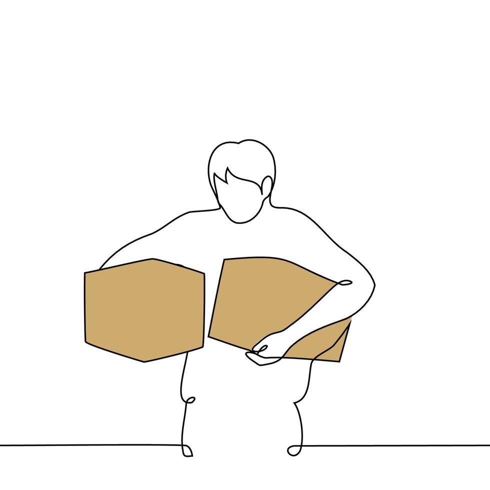 Mens draag- bruin karton dozen in beide handen- een lijn tekening vector. de concept in beweging, inpakken, levering vector