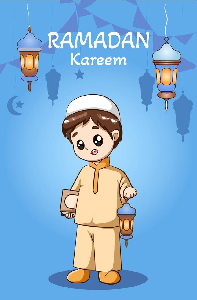 kleine jongen met boek en lantaarn bij ramadan kareem cartoon afbeelding vector