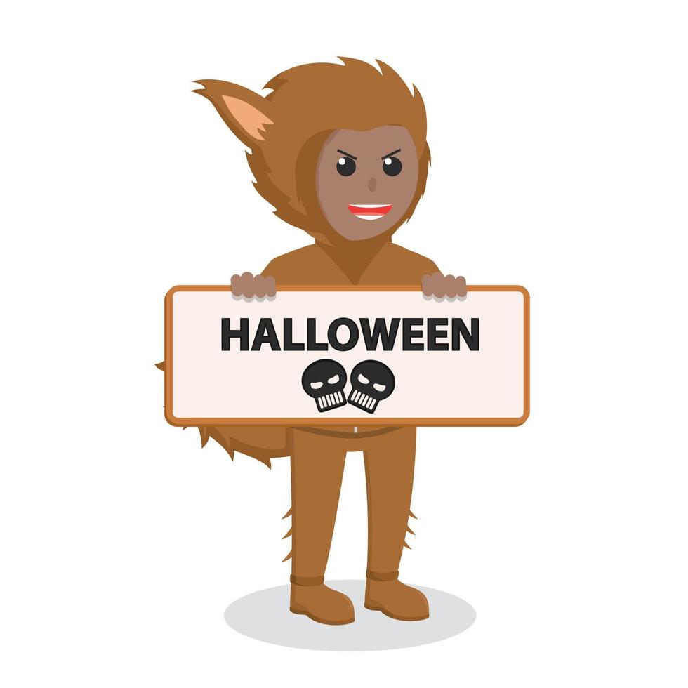 Mens Afrikaanse met weerwolf kostuum Holding teken halloween ontwerp karakter Aan wit achtergrond vector