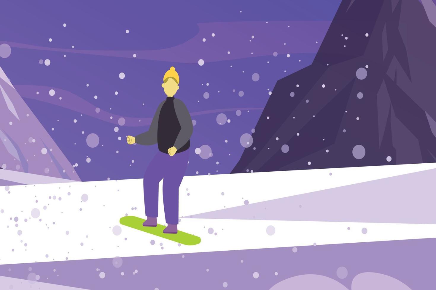 de jongen is snowboarden Aan de heuvels. vector