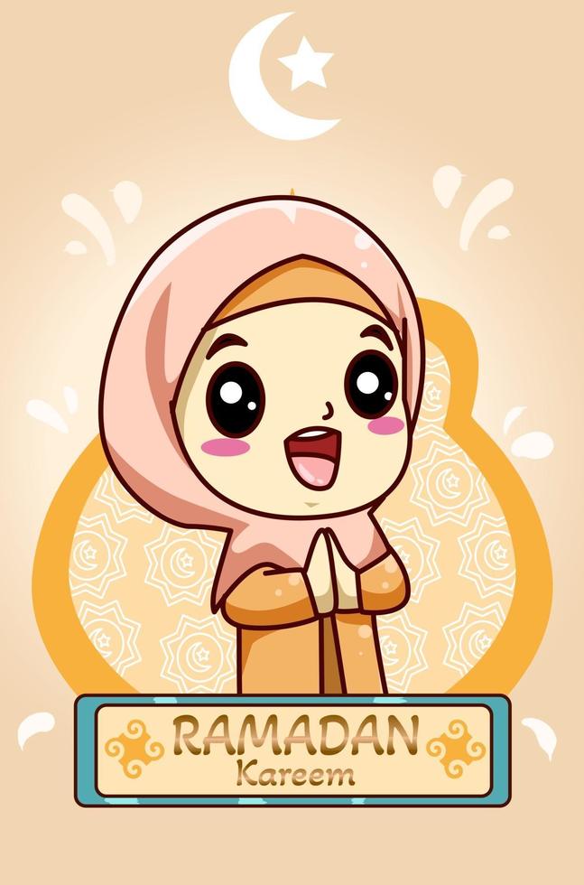 schattig moslimmeisje bij ramadan kareem cartoon afbeelding vector