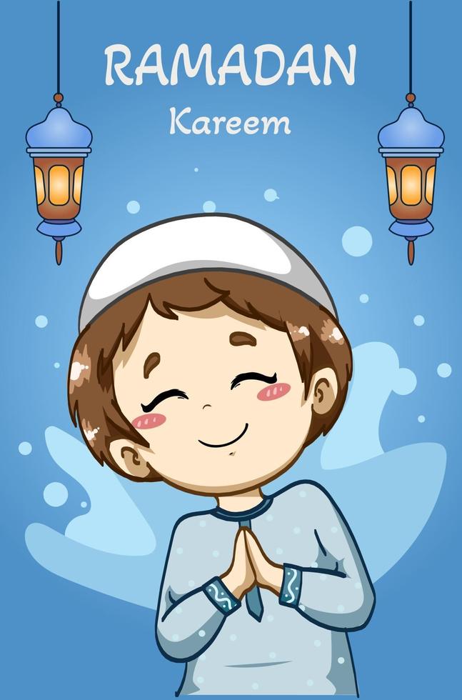 gelukkige moslimjongen groet ramadan kareem cartoon afbeelding vector