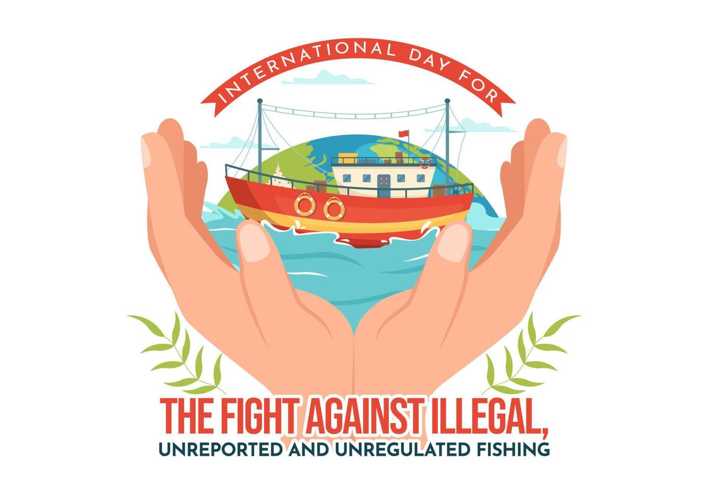 Internationale dag voor de strijd tegen onwettig, niet gemeld en ongereguleerde visvangst vector illustratie met hengel vis in vlak hand- getrokken Sjablonen