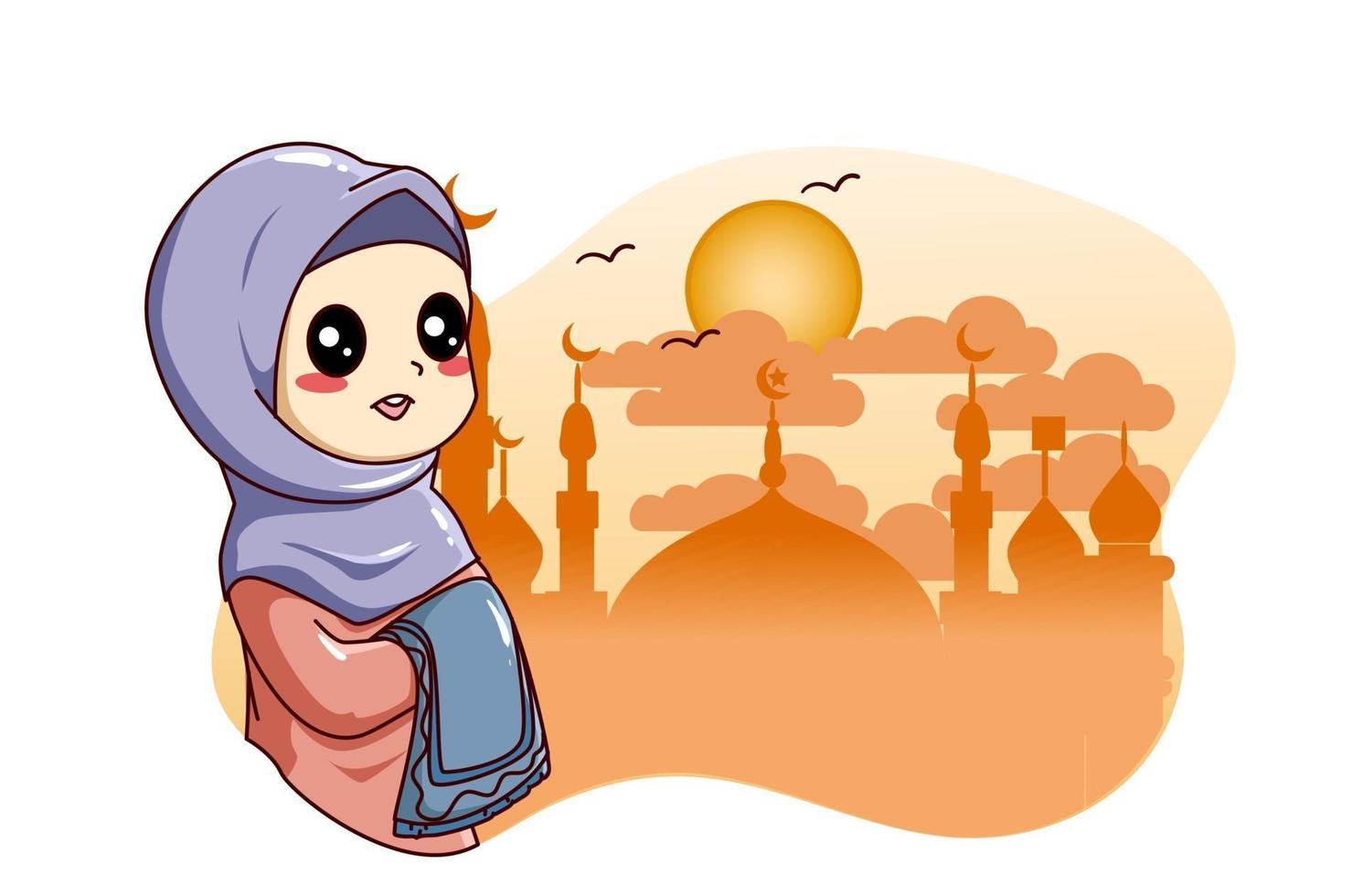 schattig klein moslimmeisje met moskee bij ramadan kareem cartoon afbeelding vector