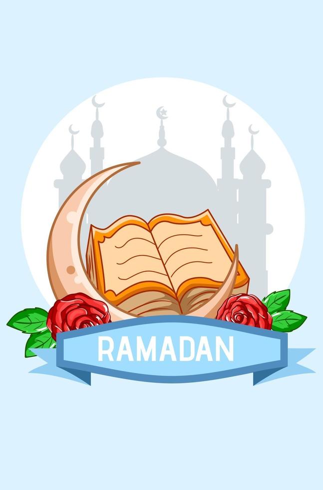 maan met koran bij ramadan mubarak cartoon afbeelding vector