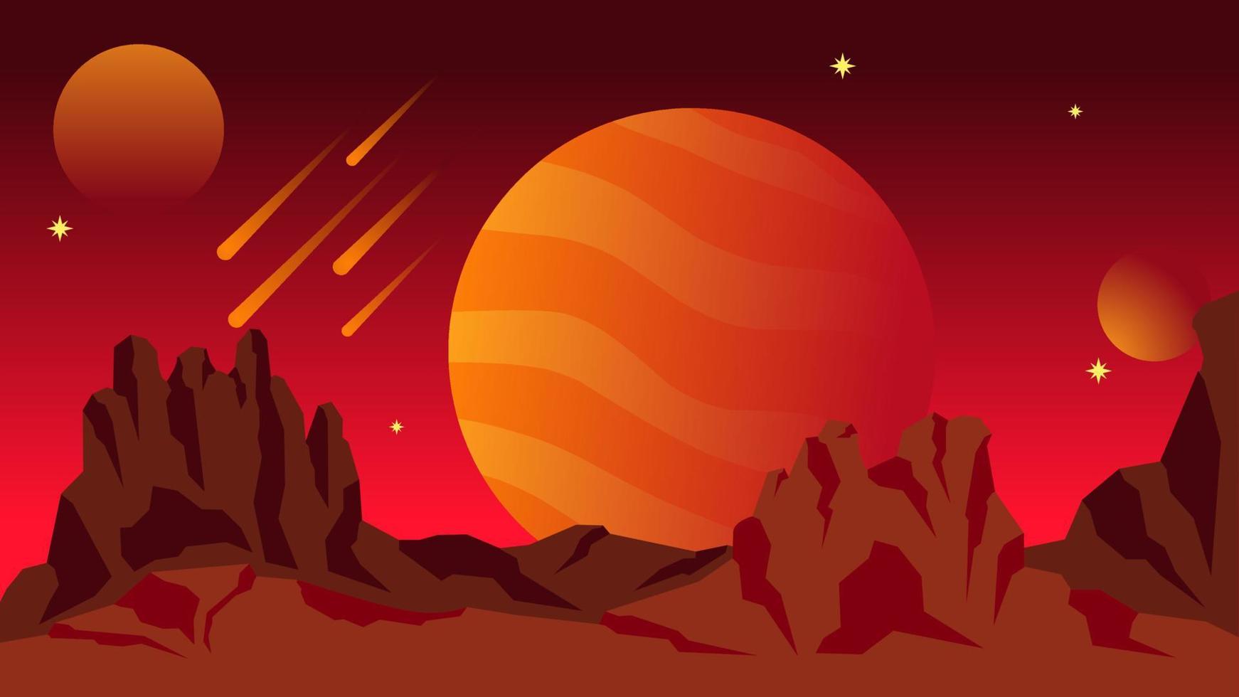 wetenschap fictie landschap vector illustratie. rood Jupiter planeet landschap achtergrond. karmozijn heelal visie met komeet en berg. wetenschap fictie vector voor achtergrond, behang of illustratie