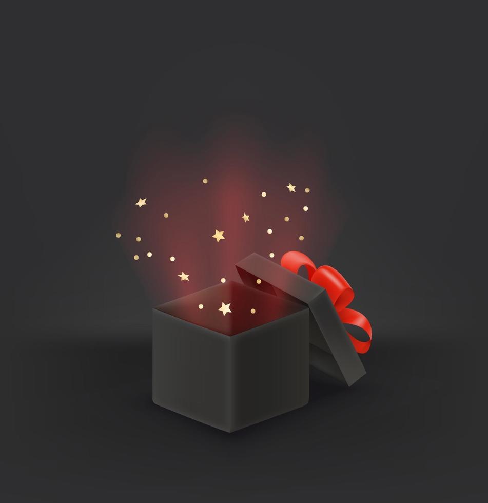 geopende zwarte doos met verbazing. 3D-stijl illustratie met gloeiend effect uit de doos vector
