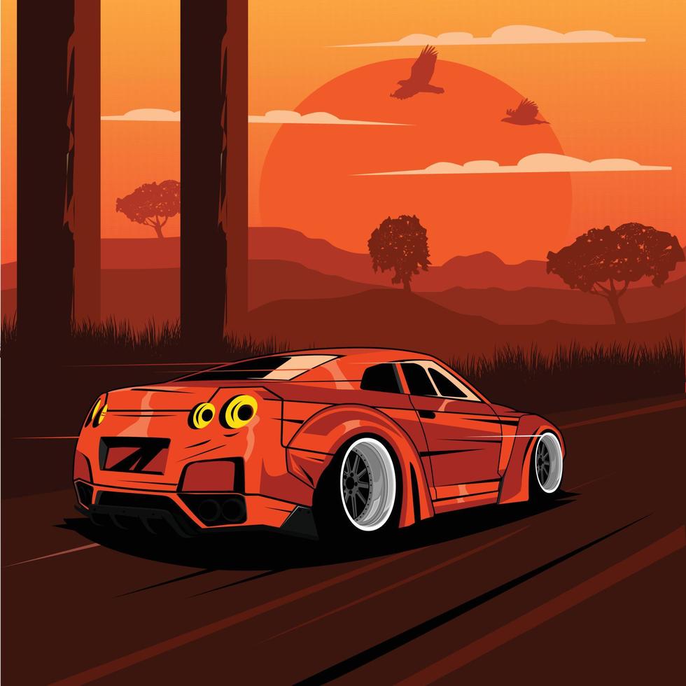 een illustratie, rood auto en de zonsondergang vector