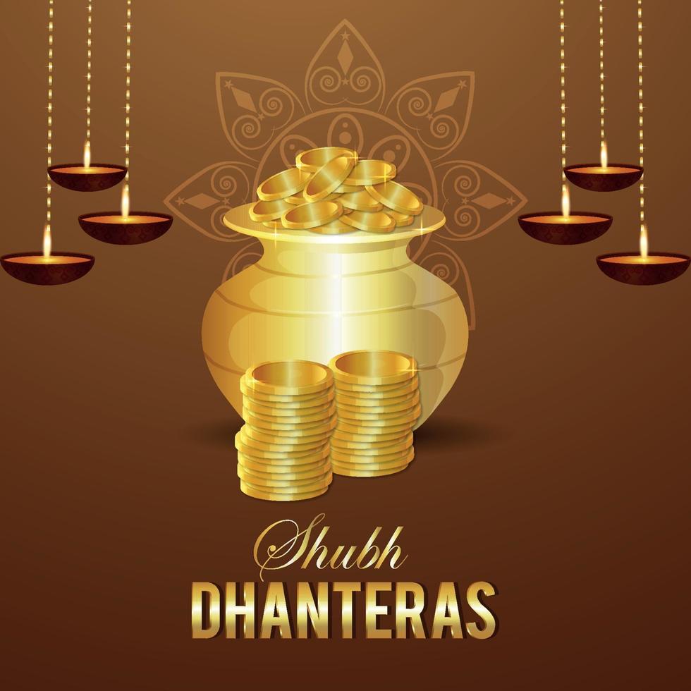 shubh dhanteras viering wenskaart, dhanteras indische festival achtergrond met gouden munten vector