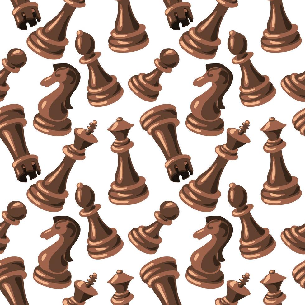 een patroon van zwart schaak stukken gemaakt van hout Aan een wit achtergrond. schaak beweegt Aan een geruit bord. schaak tekenfilm, schaak bord. structuur voor het drukken Aan textiel en papier. geschenk verpakking vector