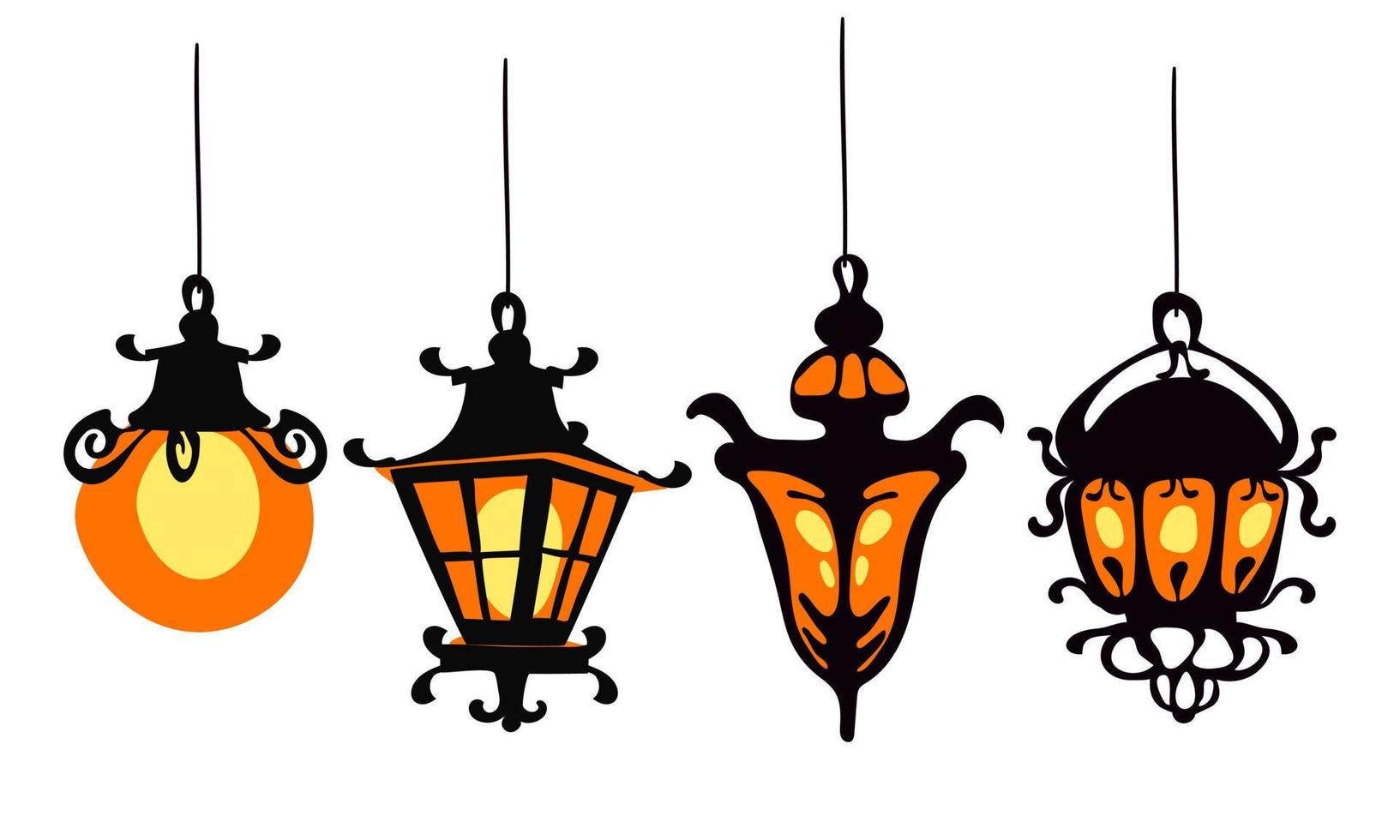 een reeks van decoratief hangende straat lichten. zwart tuin lampen in verschillend stijlen van kunst nieuw, klassiek, minimalisme. straat lamp. een oude stijl metaal lamp. vector illustratie voor halloween decor