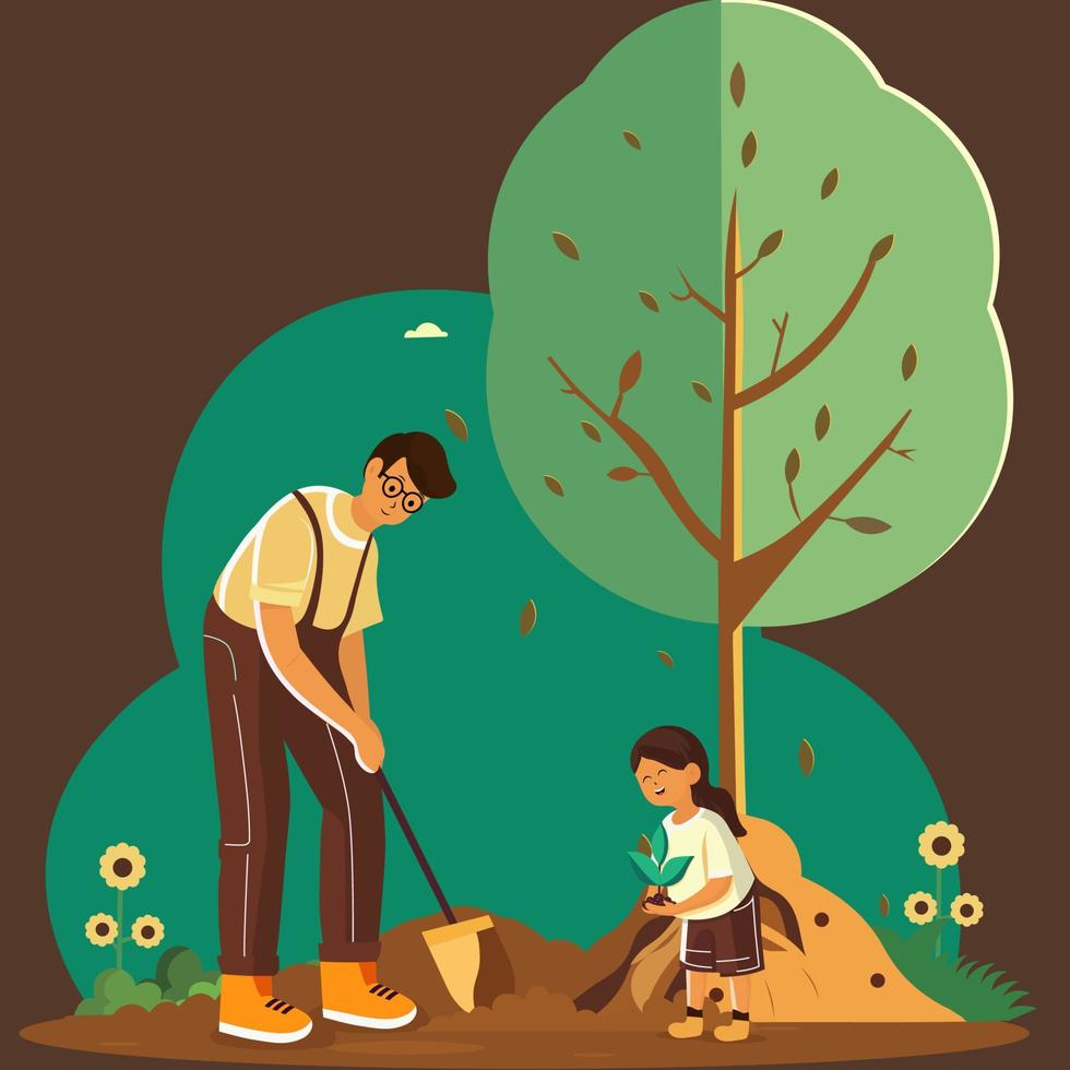vector illustratie van jong Mens en meisje karakter tuinieren samen Aan natuur bruin achtergrond. opslaan natuur concept.