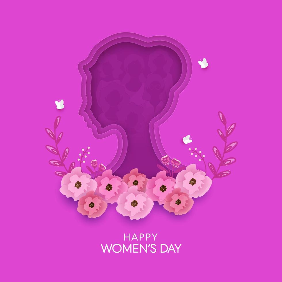 gelukkig vrouwen dag concept met gelaagde papier vrouw gezicht versierd bloemen, vlinders Aan Purper achtergrond. vector