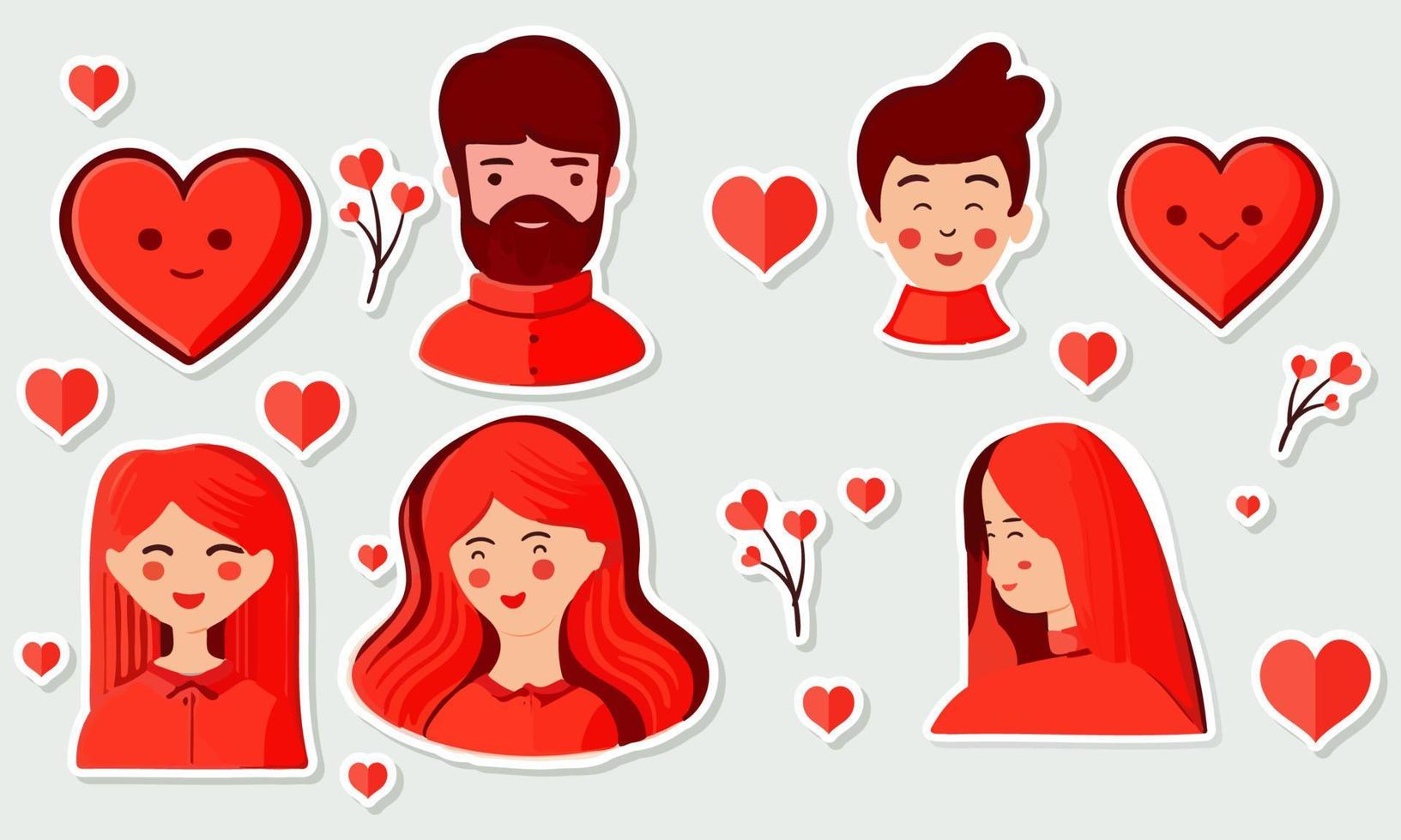 jong mannetje en vrouw karakter met harten voor Valentijnsdag dag of liefde sticker verzameling. vector