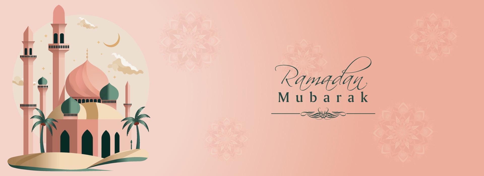Ramadan mubarak banier ontwerp met mooi moskee, kokosnoot bomen Aan roze mandala patroon achtergrond. vector