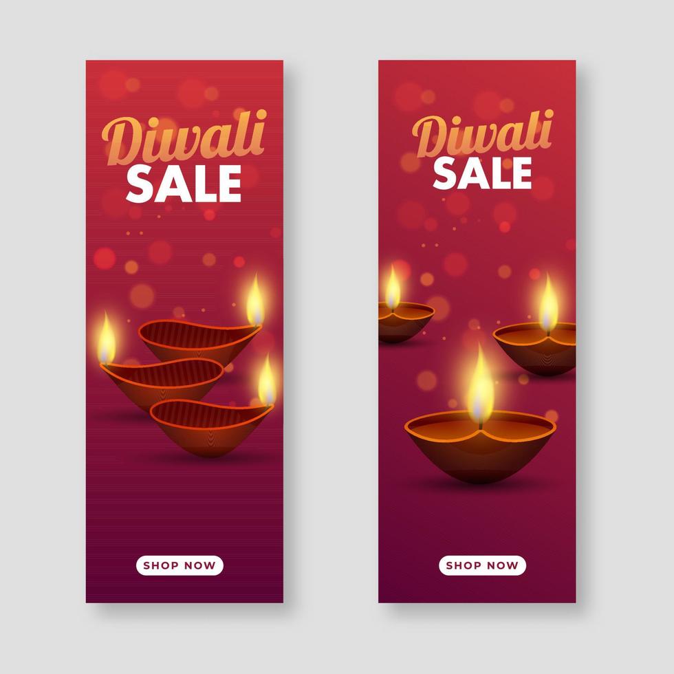 diwali uitverkoop sjabloon of verticaal banier ontwerp met lit olie lampen in twee opties. vector