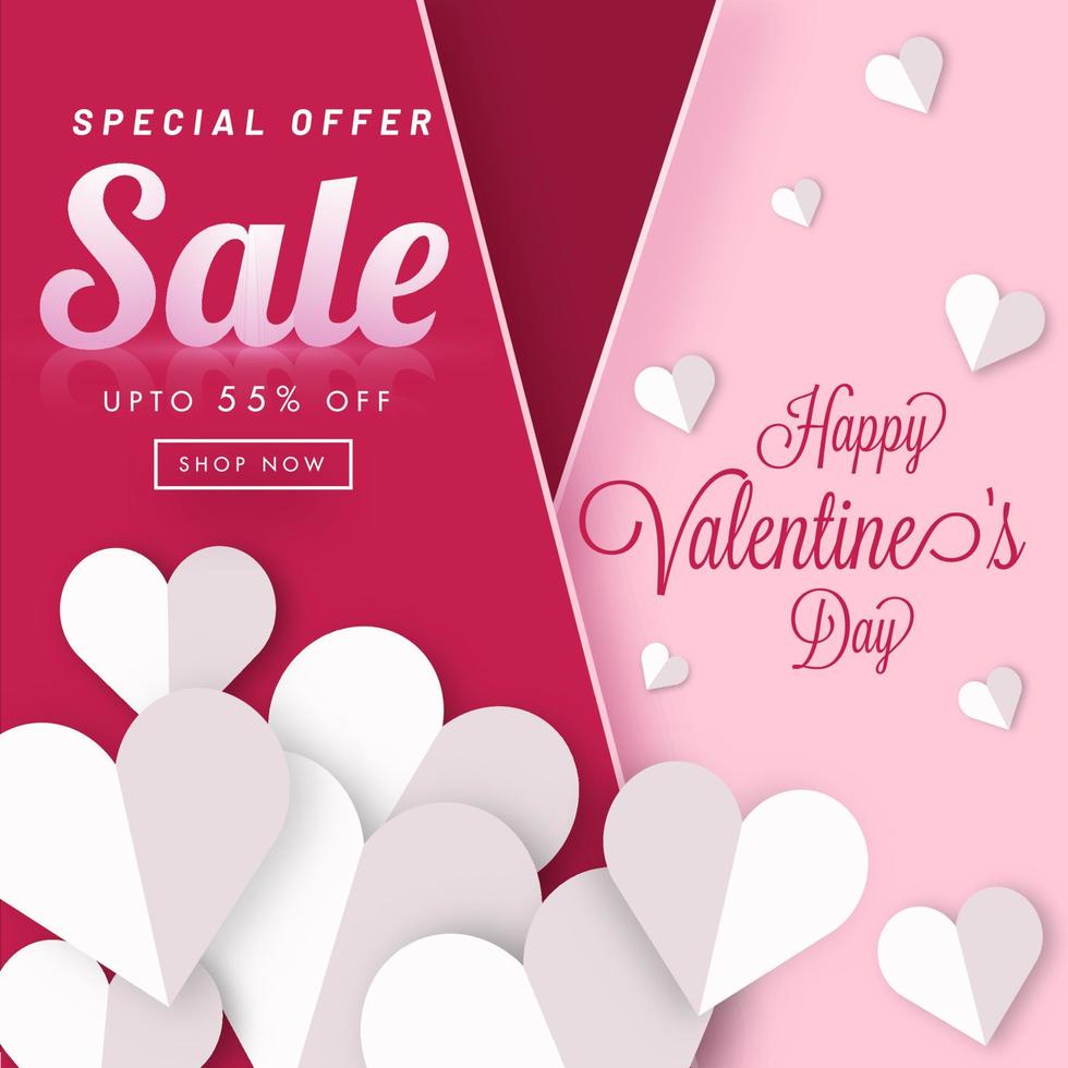 gelukkig valentijnsdag dag uitverkoop poster ontwerp met korting aanbod en wit papier harten versierd Aan roze en bordeaux achtergrond. vector