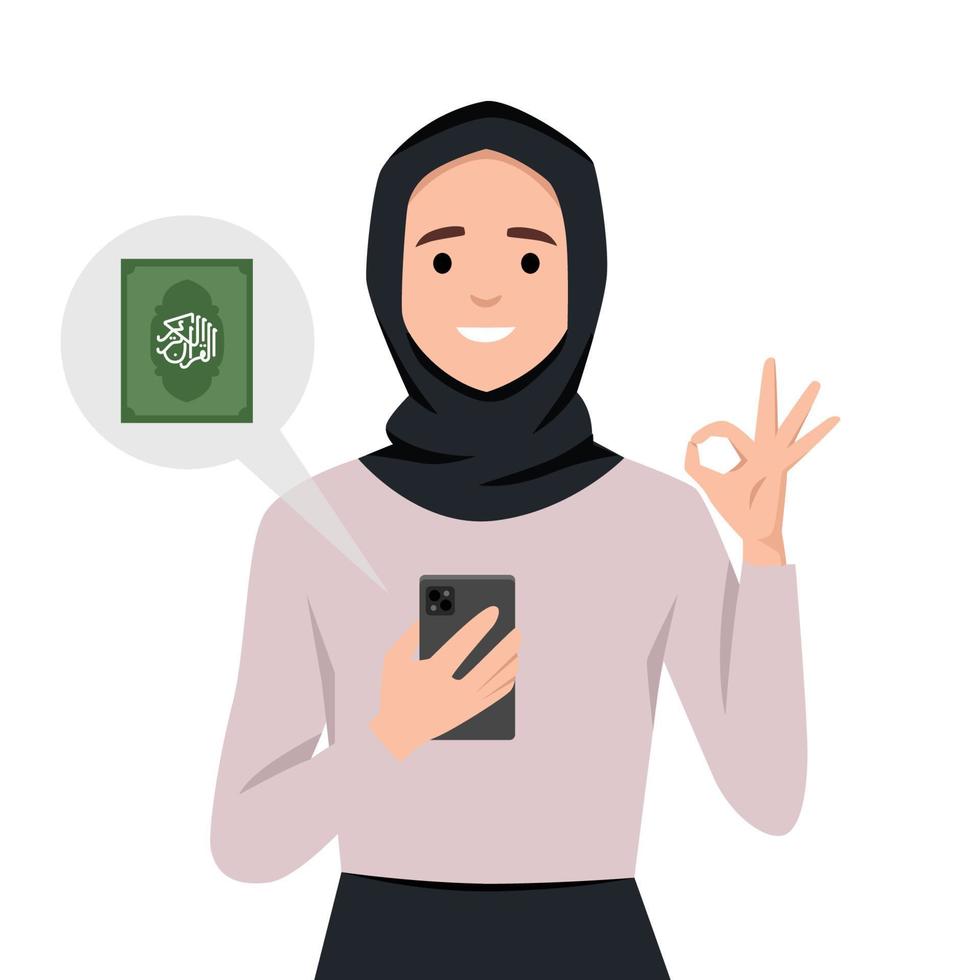 moslim vrouw Holding telefoon en geven OK teken omdat ze heeft koran app in haar mobiel telefoon. vector