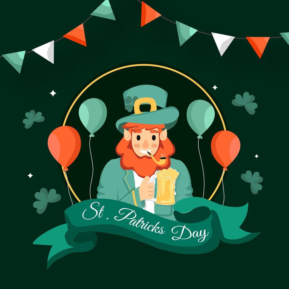 roker elf van Ierse folklore Mens Holding bier mok met ballonnen, klaver bladeren en vlaggedoek vlag versierd Aan groen achtergrond voor st. Patrick dag viering. vector