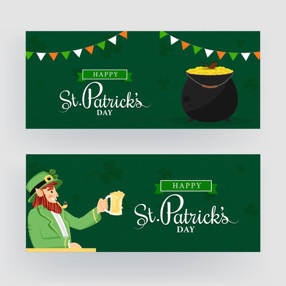 gelukkig st. patricks dag hoofd of banier ontwerp reeks met gouden munten pot en tekenfilm elf van Ierse folklore Mens Holding bier mok Aan groen structuur achtergrond. vector