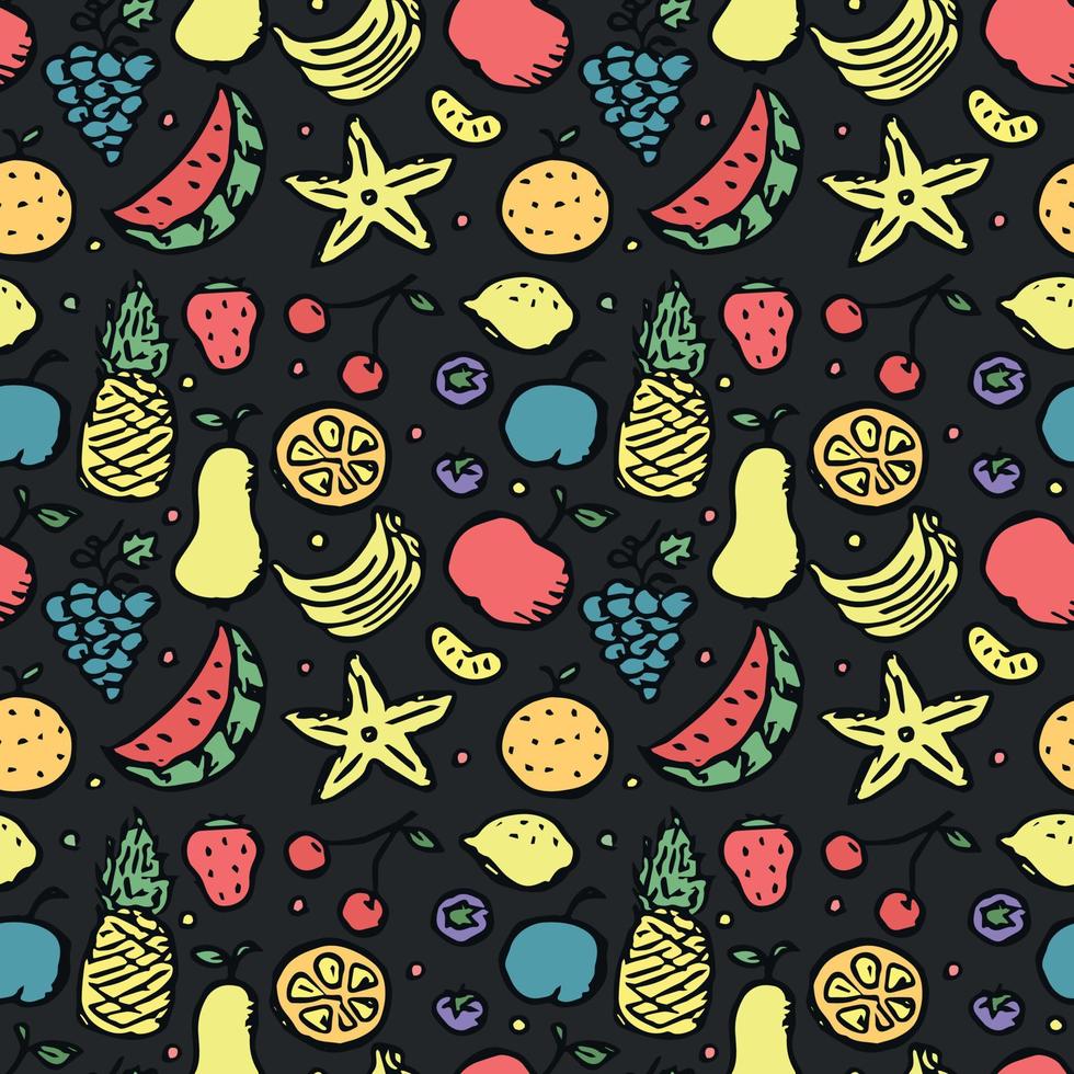 naadloos fruitpatroon. doodle achtergrond met fruit pictogrammen. fruit achtergrond vector