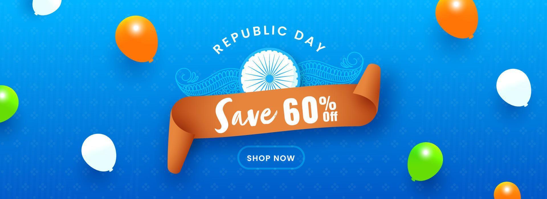 republiek dag uitverkoop hoofd of banier ontwerp met korting aanbod en driekleur ballonnen Aan blauw achtergrond. vector